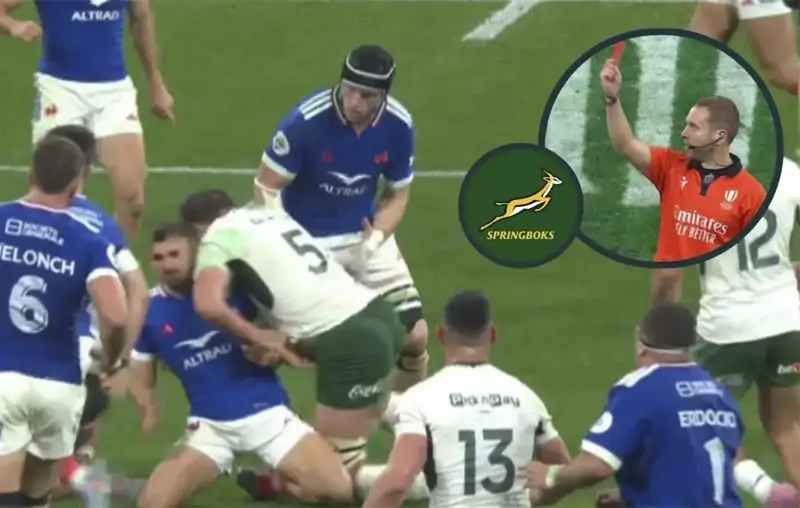 Захват Луда де Йагера против Томаса Рамоса и вставка с арбитром Ангусом Гарднером, показывающим красную карточку.