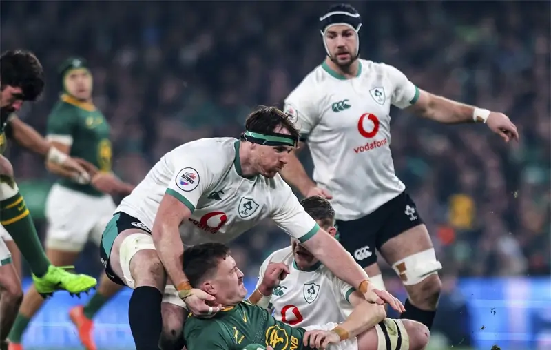 Южноафриканец Джаспер Визе и ирландец Райан Бэрд в эпизоде матча на стадионе Aviva в субботу. Фото: Gary Carr/INPHO