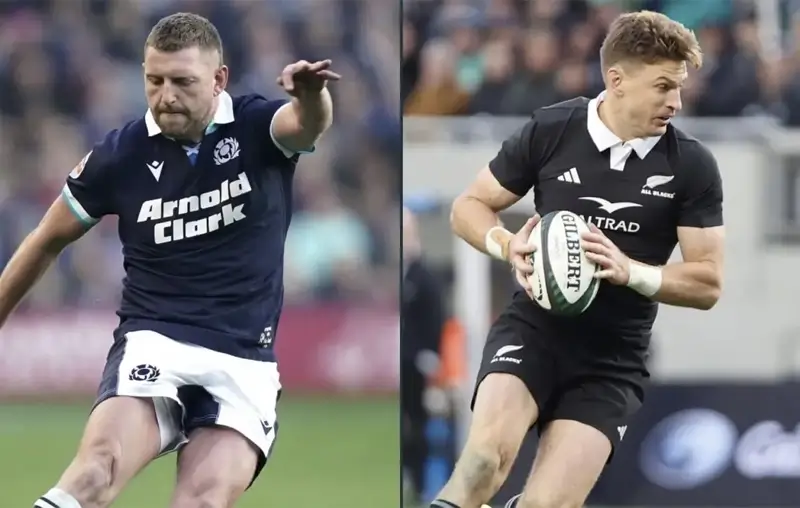 Финн Рассел и Боуден Барретт сходятся лицом к лицу в матче Шотландии против All Blacks.