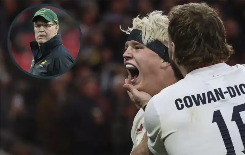 Генри Поллок из сборной Англии и на вставке — главный тренер Springboks Расси Эрасмус.