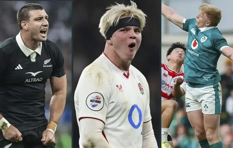 Саймон Паркер из All Blacks, Генри Поллок из Англии и Томми О’Брайен из Ирландии в 2025 году.