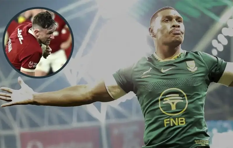 Дэмиан Виллемсе празднует попытку Springbok, а Хьюго Кинан — победную попытку Lions. Фото: Planet Rugby