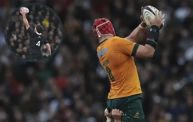 Харри Уилсон из Австралии выигрывает коридор, а на вставке — капитан All Blacks Скотт Барретт, ловящий мяч. Фото: Planet Rugby