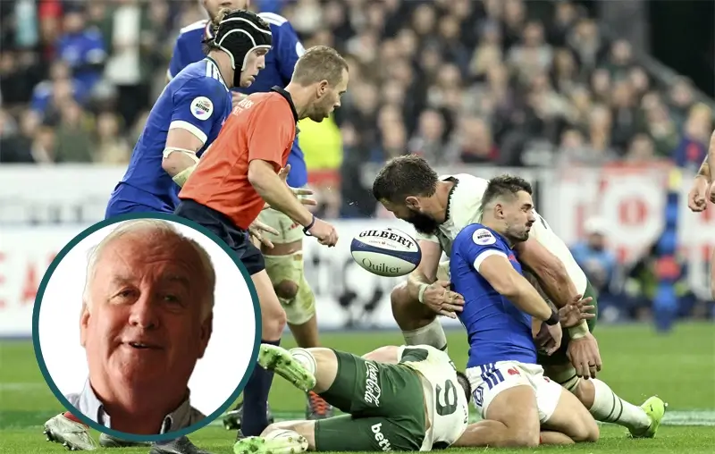 Лок Springbok Лоод де Ягер получает красную карточку за фол против Томаса Рамоса из Франции во время Autumn Nations. Фото: Lionel Hahn/Getty